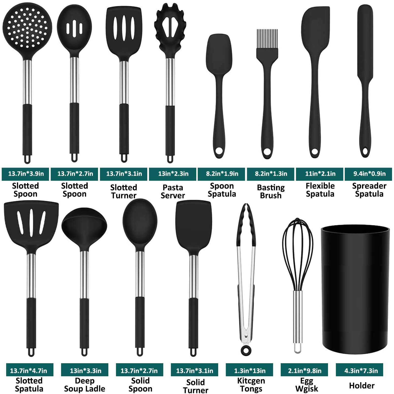 15Pcs Silicone Cooking Kitchen Utensils Set - Black