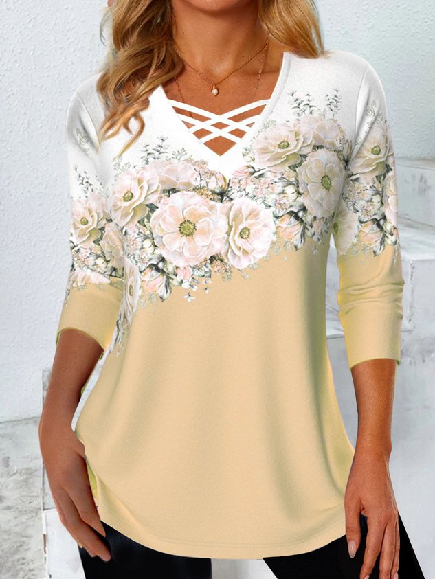 Casual Floral V Neck Long Sleeve T-shirt