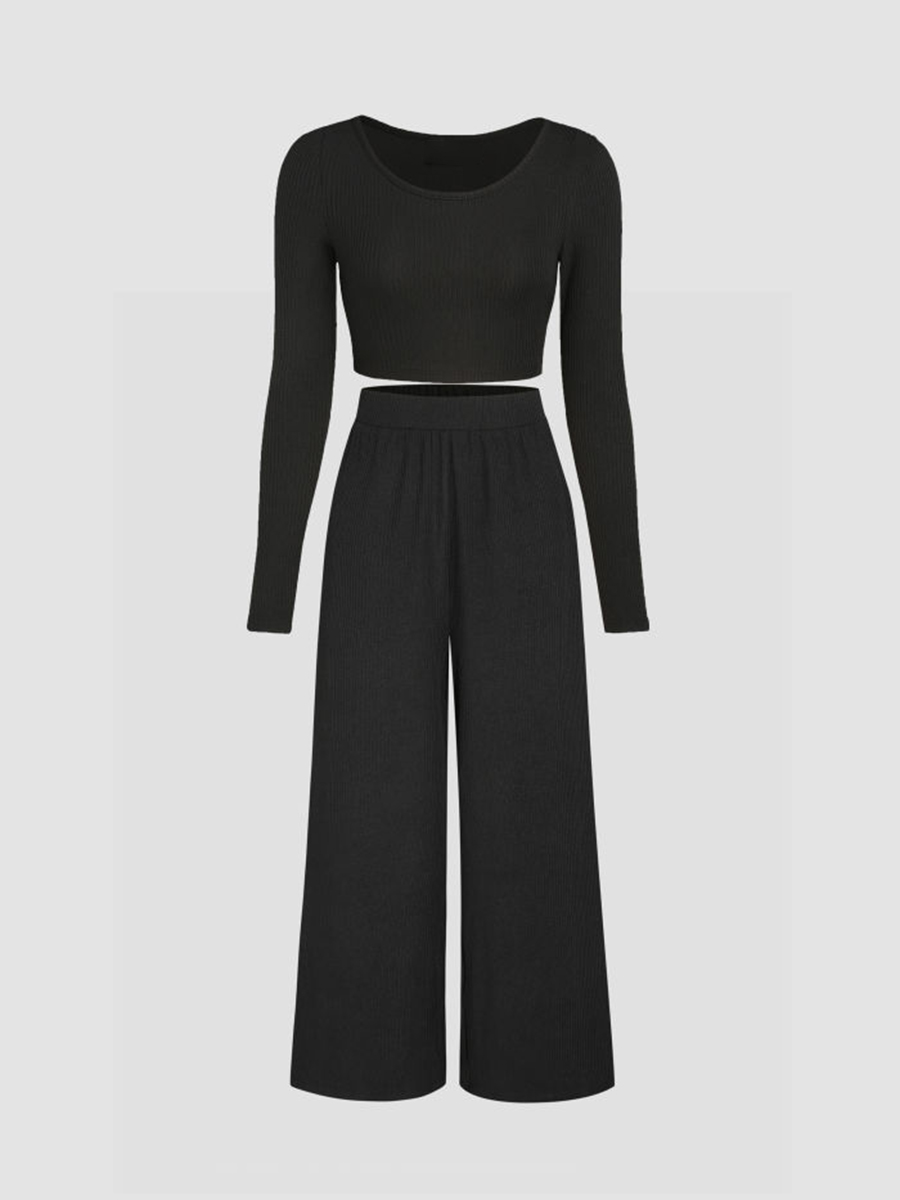 SOLID KNITTED CROP TOP & WIDE LEG TROUSERS SET