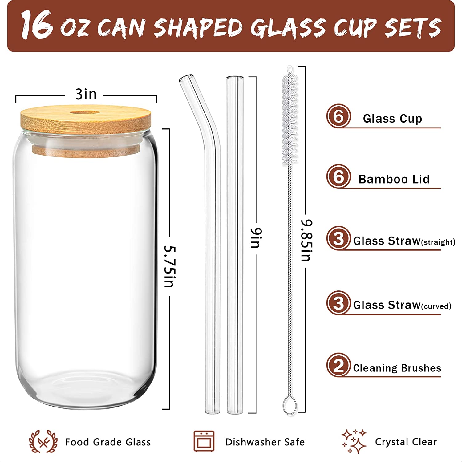 6 Pcs Drinking Glasses with Bamboo Lids and Glass Straw - 16 Oz Can Shaped Glass Cups Beer Glasses Ice Coffee Glasses Cute Tumbler Cup Great for Soda Boba Tea Cocktail Include 2 Cleaning Brushes