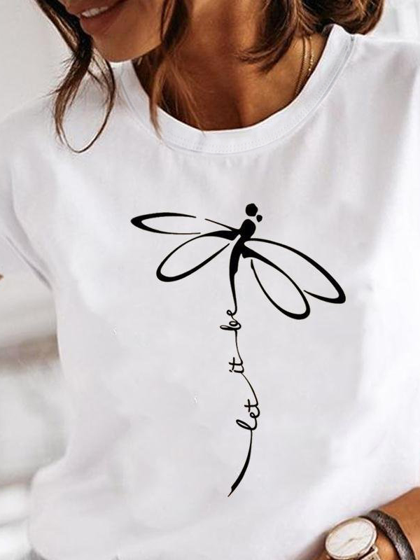 Casual Dragonfly Print Crew Neck Short Sleeve T-Shirt