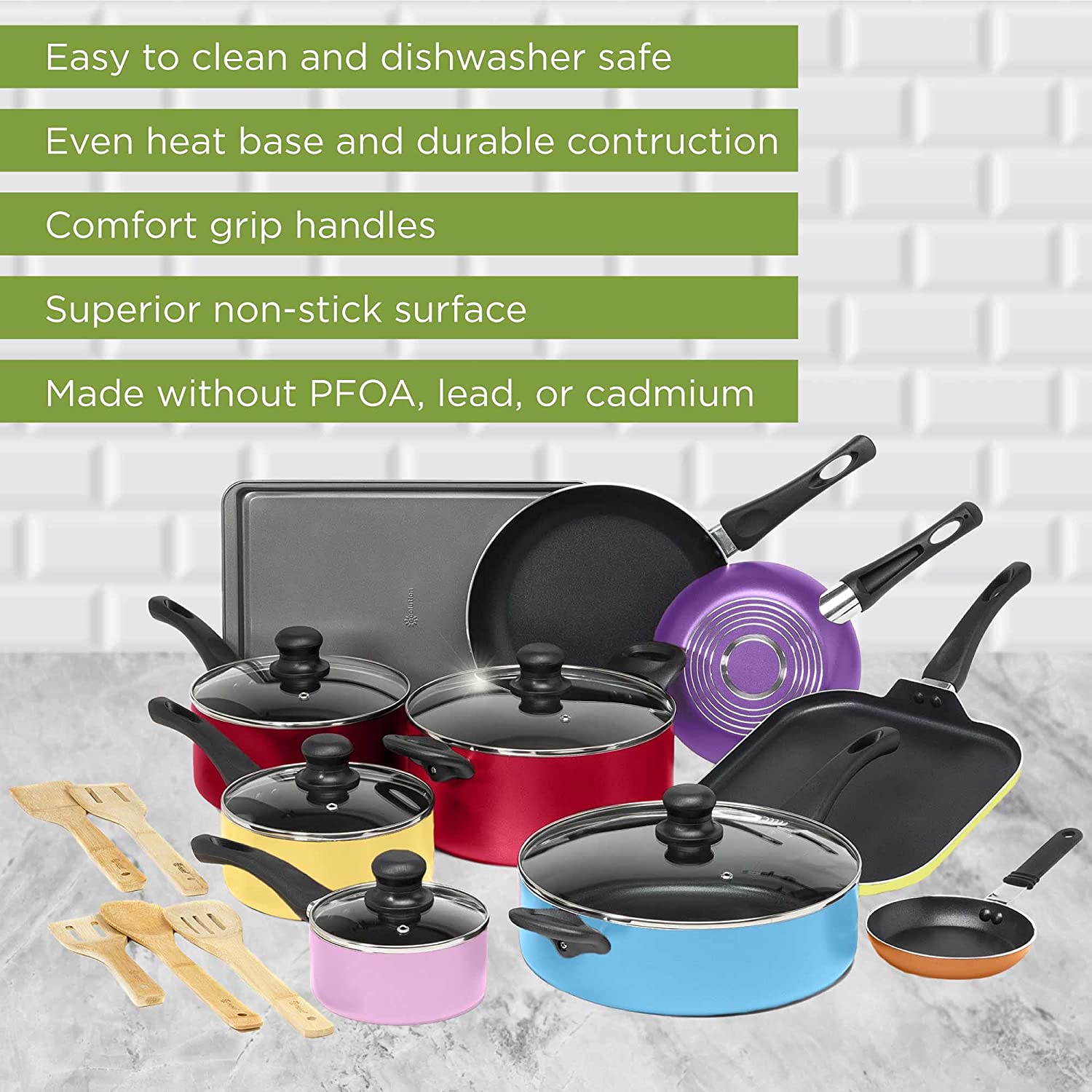 Cookware Set, Features Kitchen Essentials, Bamboo Cooking Utensils Set, Vented Glass Lids, Ergonomic Grip Handles, Made without PFOA, Dishwasher Safe, 20-Piece, Red