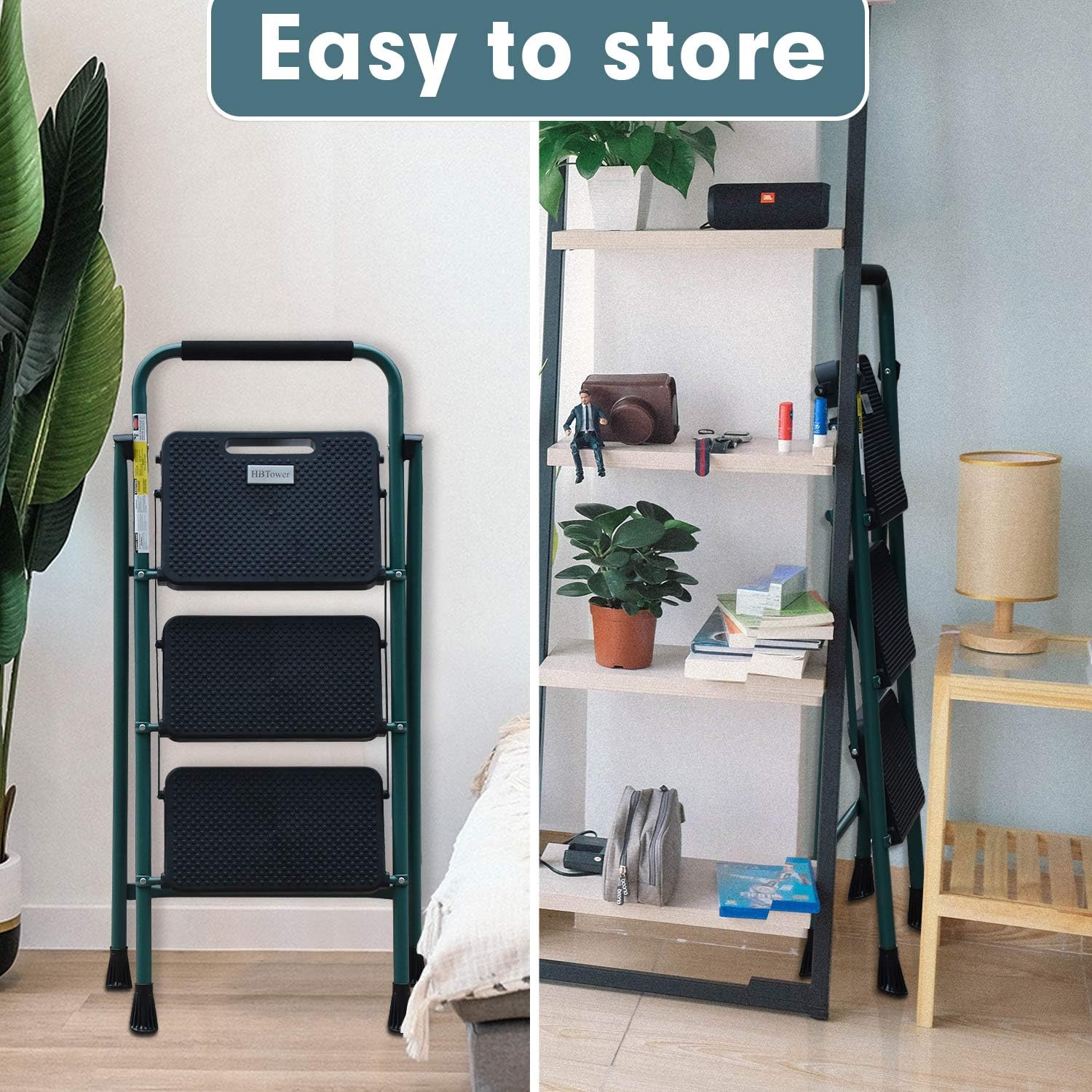 3 Step Ladder, Folding Step Stool with Wide Anti-Slip Pedal, 500lbs Sturdy Steel Ladder, Convenient Handgrip, Lightweight, Portable Steel Step Stool, Black