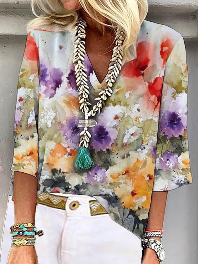 Casual Floral Loose V Neck Three Sleeve Quarter Top