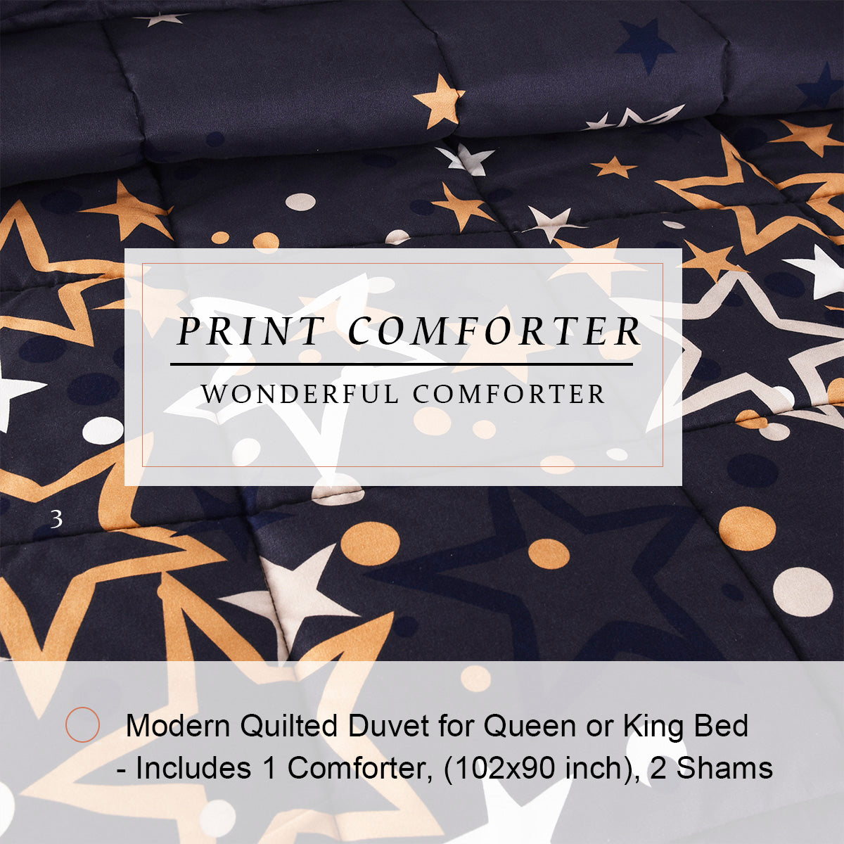 HIG Geometric Print Comforter Set, Grid / Stars Pattern, 3 PCS Lightweight Quilted Comforter with Two Shams