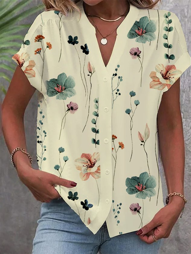 Buttoned Floral Loose Casual Blouse