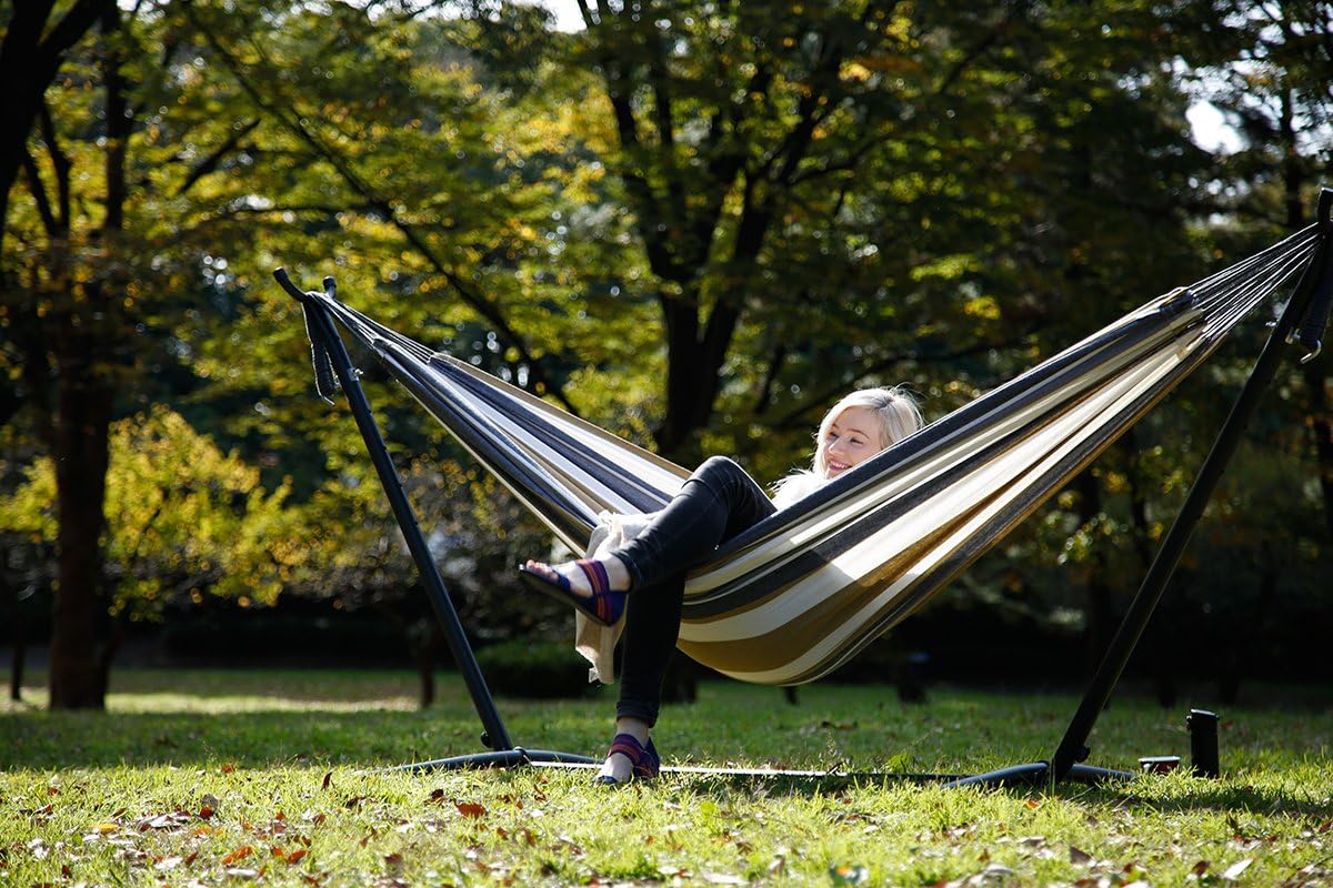 Double Cotton Hammock with Space Saving Steel Stand, Tropical (450 lb Capacity - Premium Carry Bag Included)