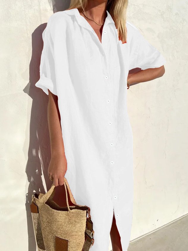 Loose Shirt Collar Short Sleeve Casual Cotton Dress