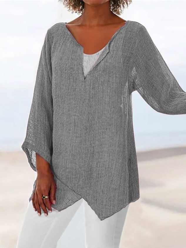 Women's V Neck Linen Solid Summer Blouse