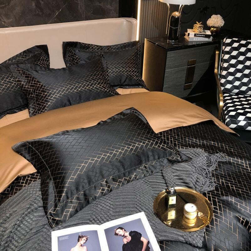 Black Gold Cotton Satin Duvet Cover Set