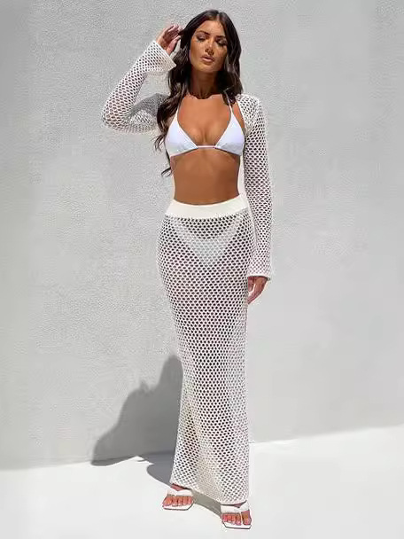 New Seaside Vacation Sunscreen Beach Skirt Sexy Hollow See-Through Long-Sleeved Knitted Suit