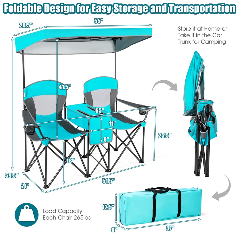 Folding Double Camping Chairs with Shade Canopy Portable Beach Chairs with Cup Holder