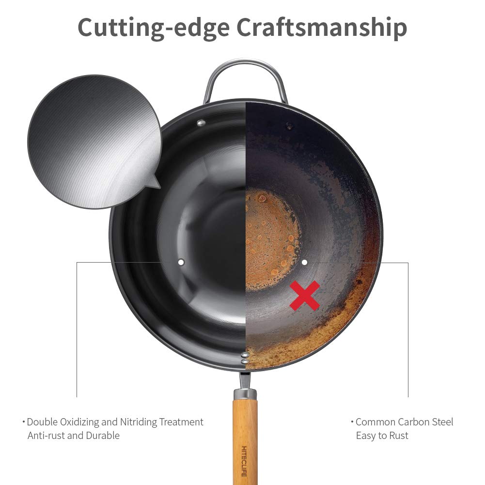 (Store Closing Sale) Wok Pan 12 inch High Carbon Steel Stir Fry Pan with Detachable Wood Handle