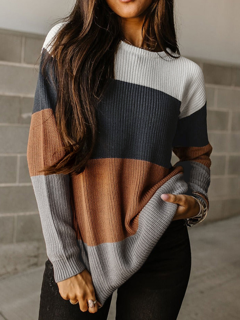 Block Knitted O-neck Pullover Sweater