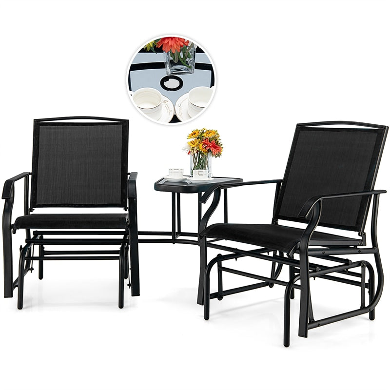 2-Seat Patio Rocking Chair Outdoor Double Glider Chair with Glass Table & Umbrella Hole