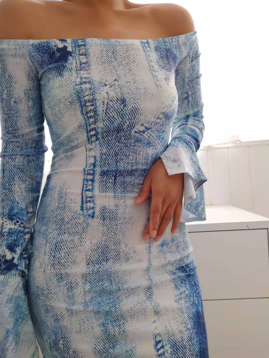 Spring/Summer Denim Look Print Off Shoulder Bodycon Dress