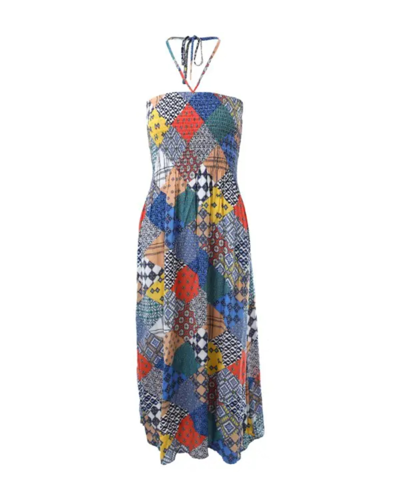 Floral Print Shirred Halter Dress