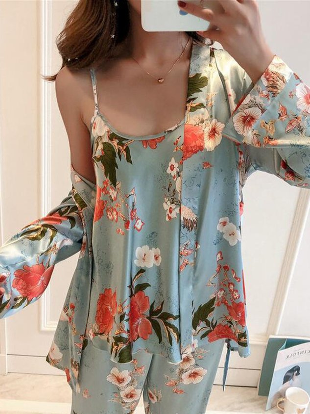 Floral Silk Fabric Long-Sleeve Jacket Camisole Trousers Pajamas Three-Piece Set