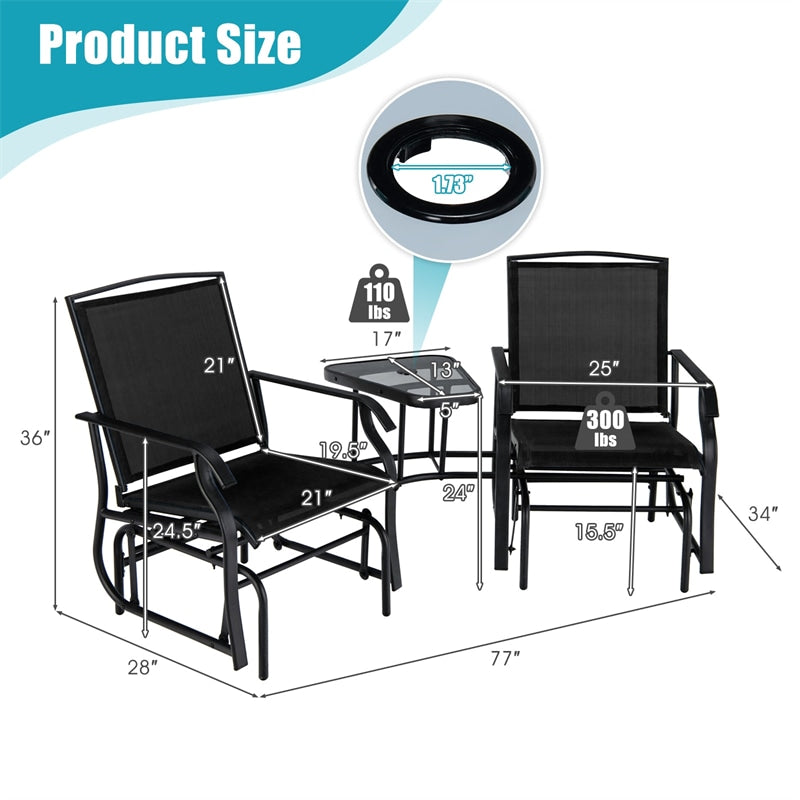 2-Seat Patio Rocking Chair Outdoor Double Glider Chair with Glass Table & Umbrella Hole