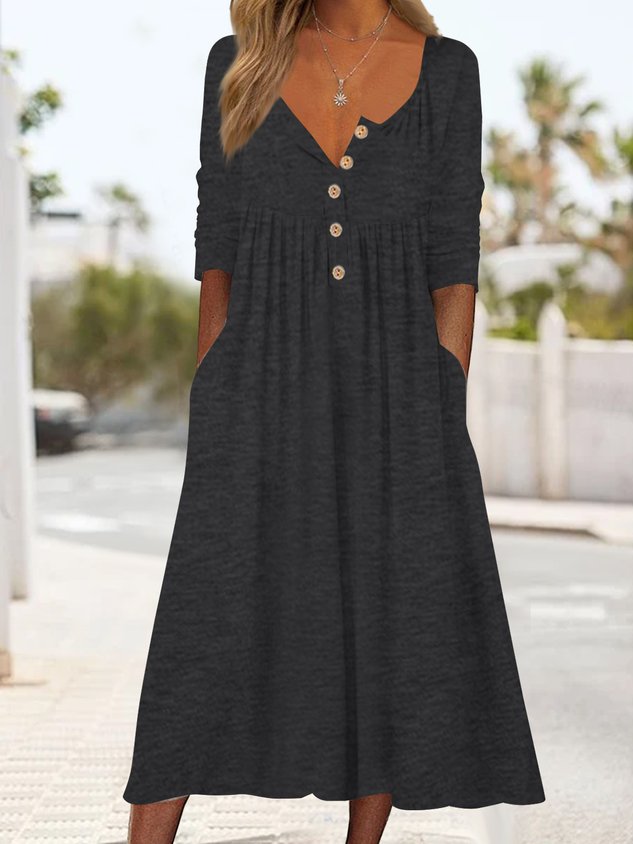 Cotton mixed plain button simple midi Dress