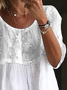 Women's Lace Embroidery Patchwork Linen Loose Crew Neck Split Joint Shirt