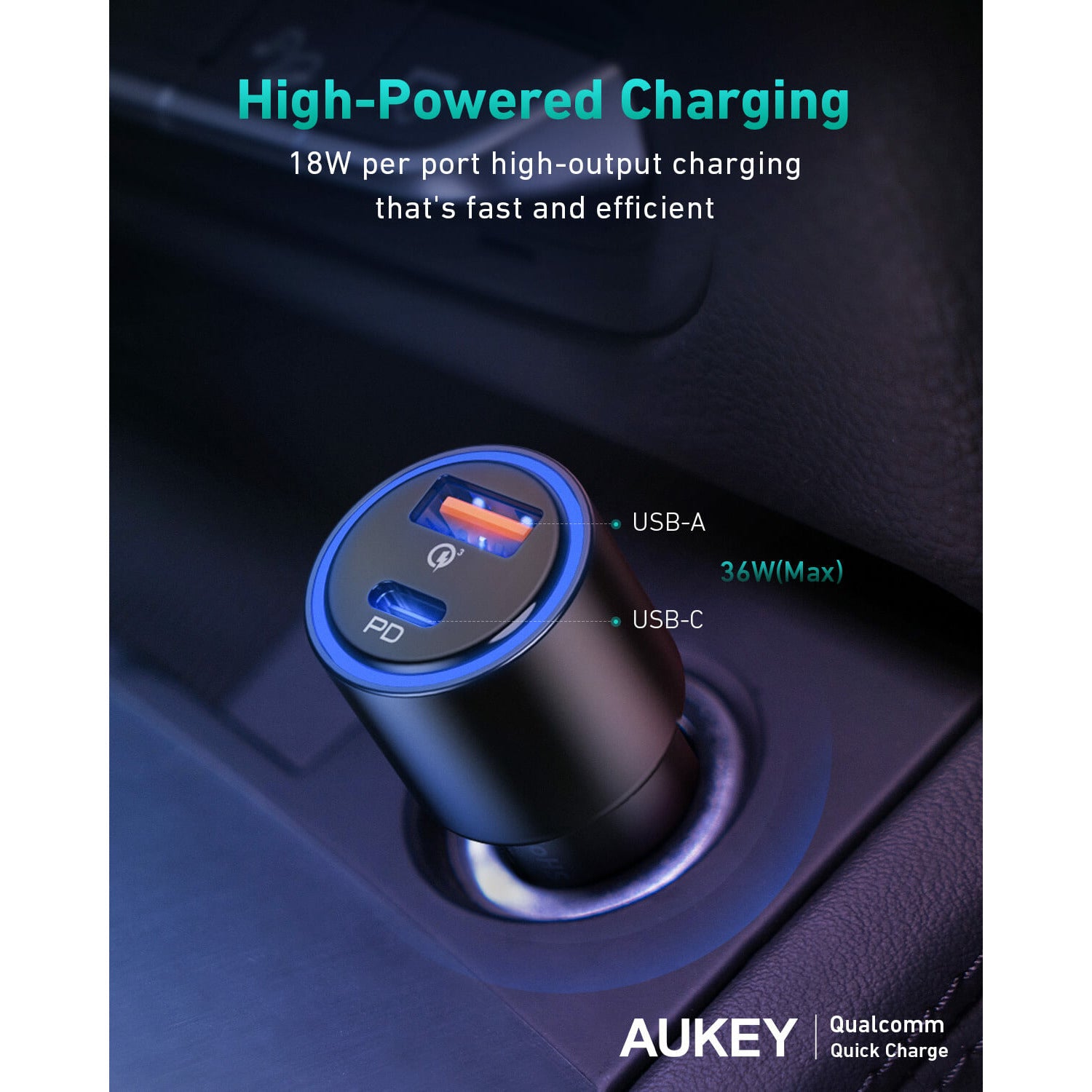 AUKEY CC-Y18S Dual (USB-C/USB-A) LED Car Charger - 36W