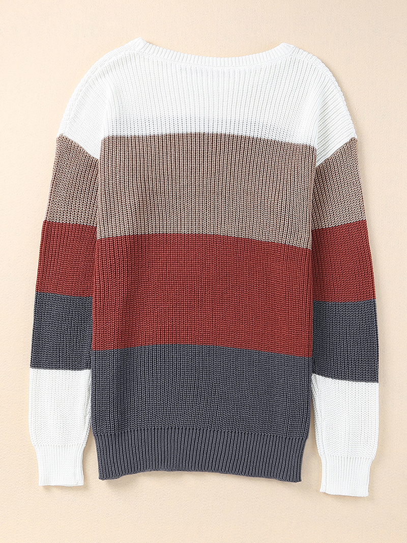 Color Block Knitted O-neck Pullover Sweater