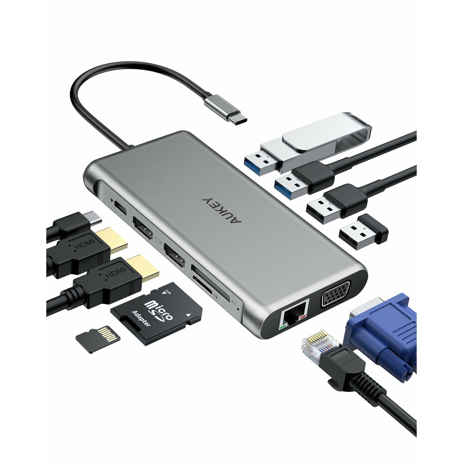 AUKEY CBC78 12 in 1 USB C Hub with Gigabit Ethernet, Dual 4K HDMI, VGA Silver