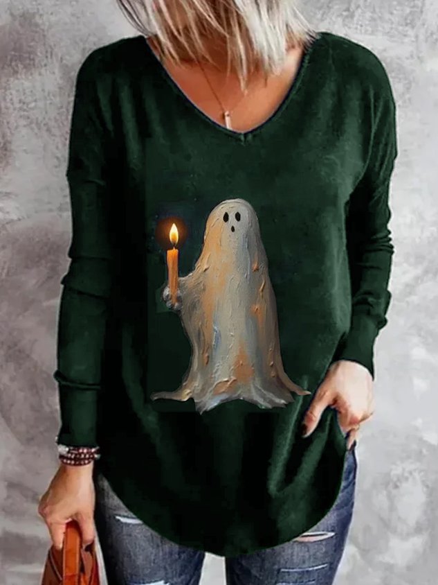 Casual Halloween V Neck Long Sleeve T-shirt