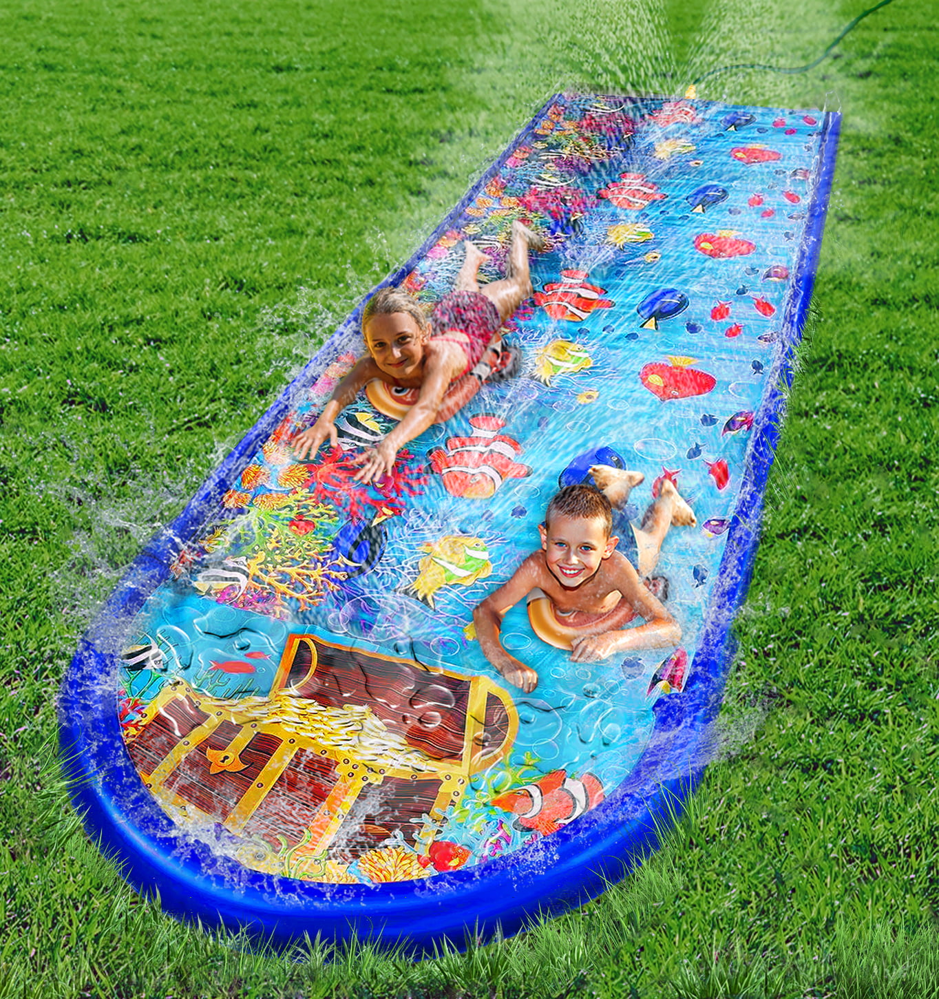 Double Lawn Slide Water Spraying Slip and Slide, Giant Backyard 25 feet Slide with 2 Inflatable Sliding Body Boards and Built in Sprinkler, Outdoor Wet Summer Fun or Snow Sledge