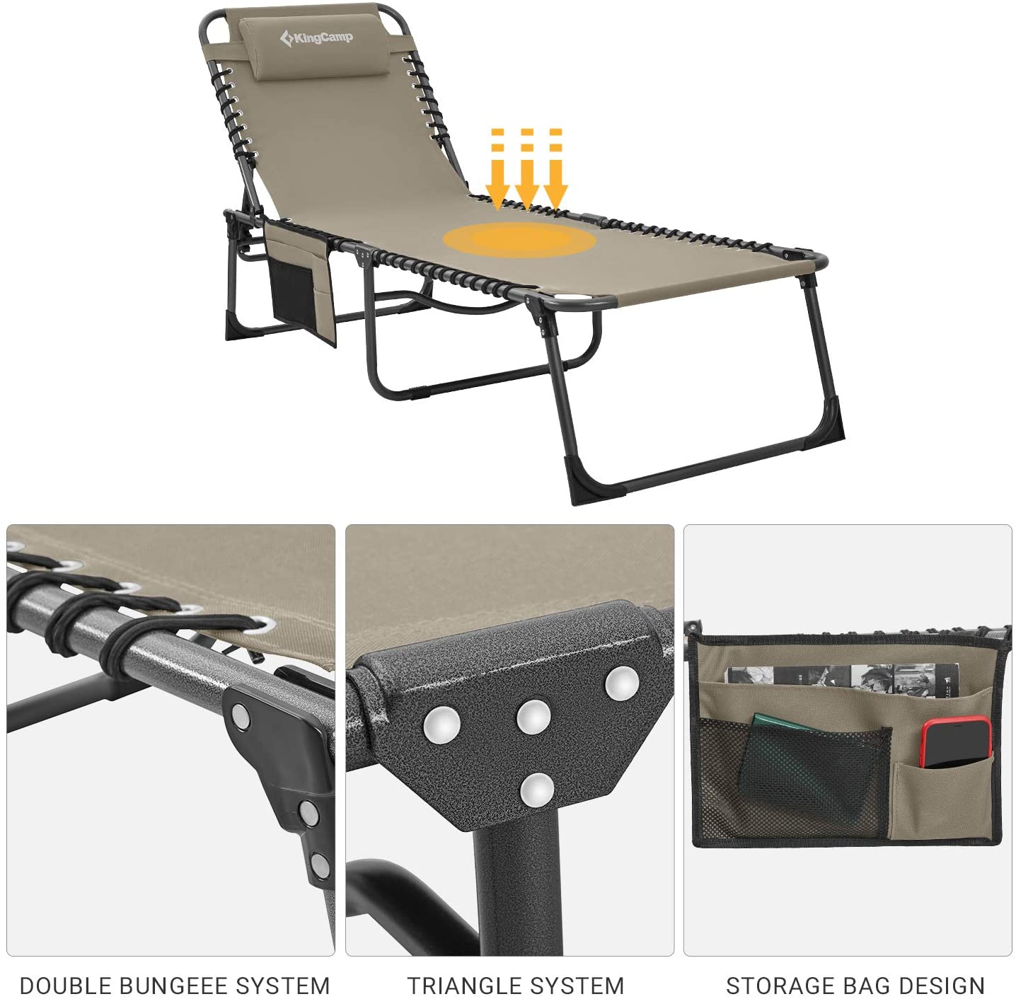 Adjustable 4-Position Folding Chaise Lounge Chair with Pillow Pocket, Supports 265lbs