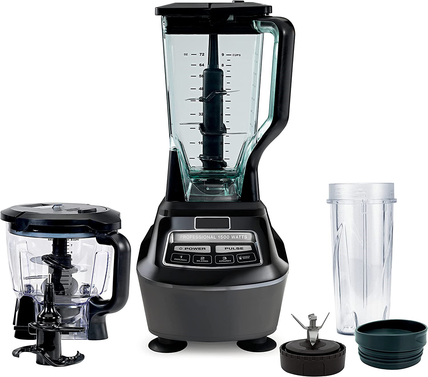 (Store Closing Sale) Mega Kitchen System, 72 oz. Pitcher, 8-Cup Food Processor, 16 oz. Single Serve Cup, 1500-Watt, Black