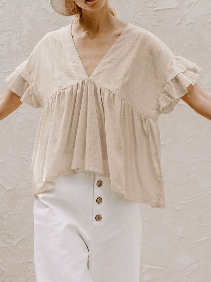 Ladies Cotton Linen V-Neck Ruffled Casual Shirt