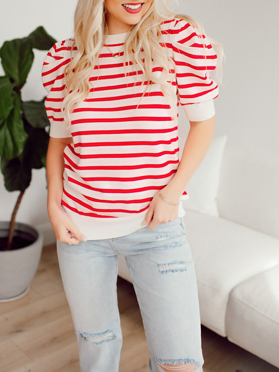 Red striped bubble sleeved sweater top