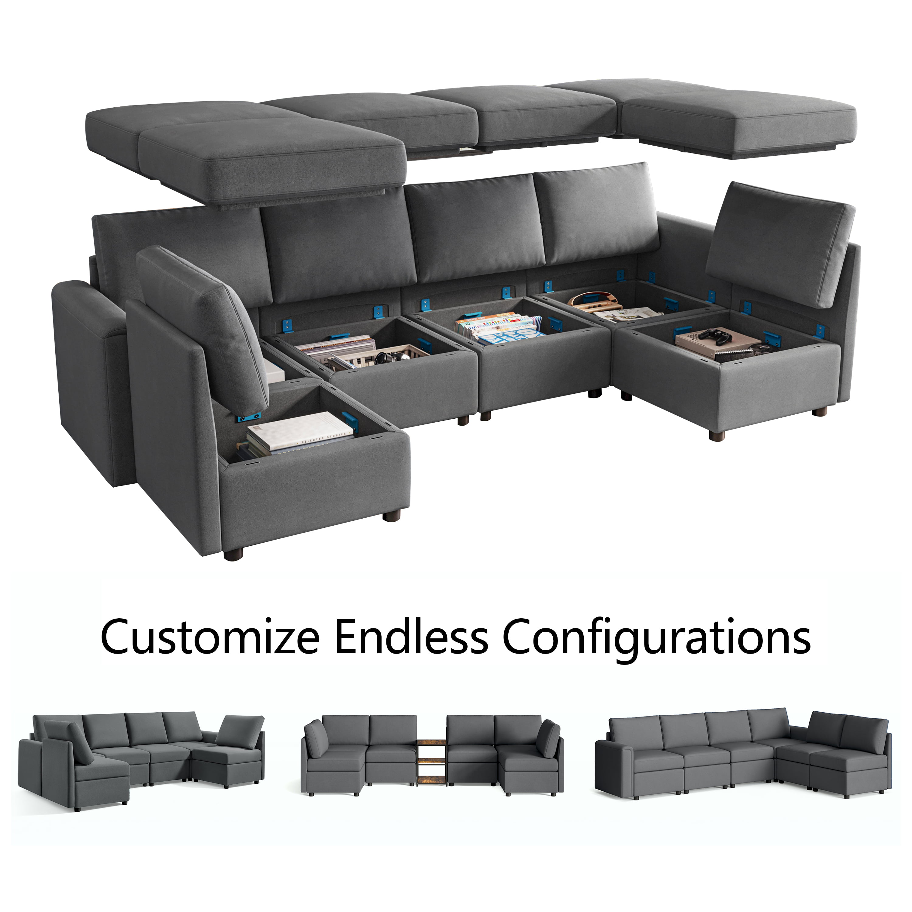 LINSY HOME Modular Couches and Sofas Sectional with Storage Sectional Sofa U Shaped Sectional Couch with Reversible Chaises, Dark Gray