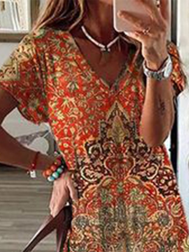 Vintage Ethnic V Neck Loose Dress