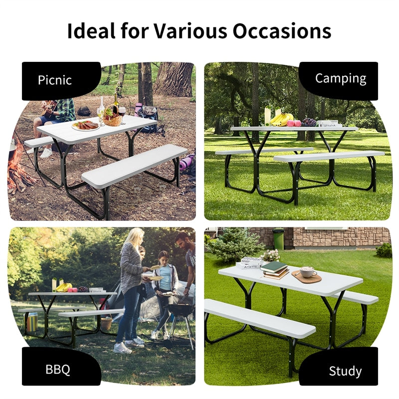 Outdoor Picnic Table Bench Set All-Weather Camping Dining Table Set with Metal Base