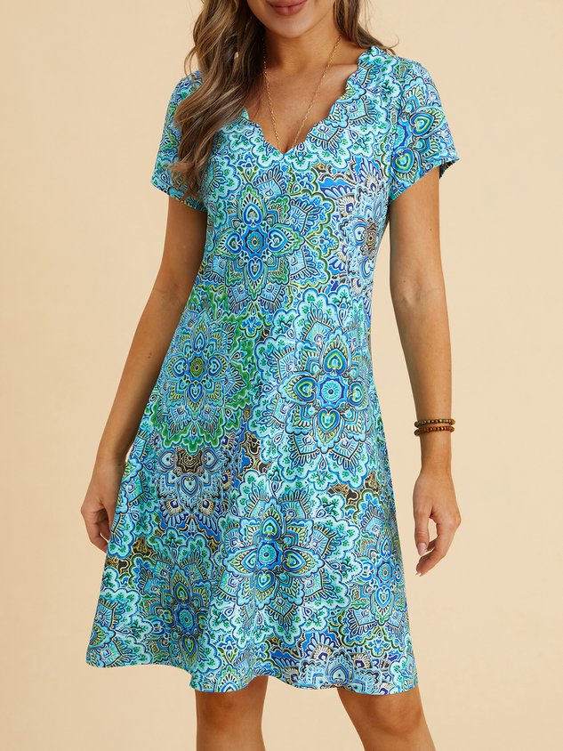 Paisley V Neck Loosen Short Sleeve Knit Dress