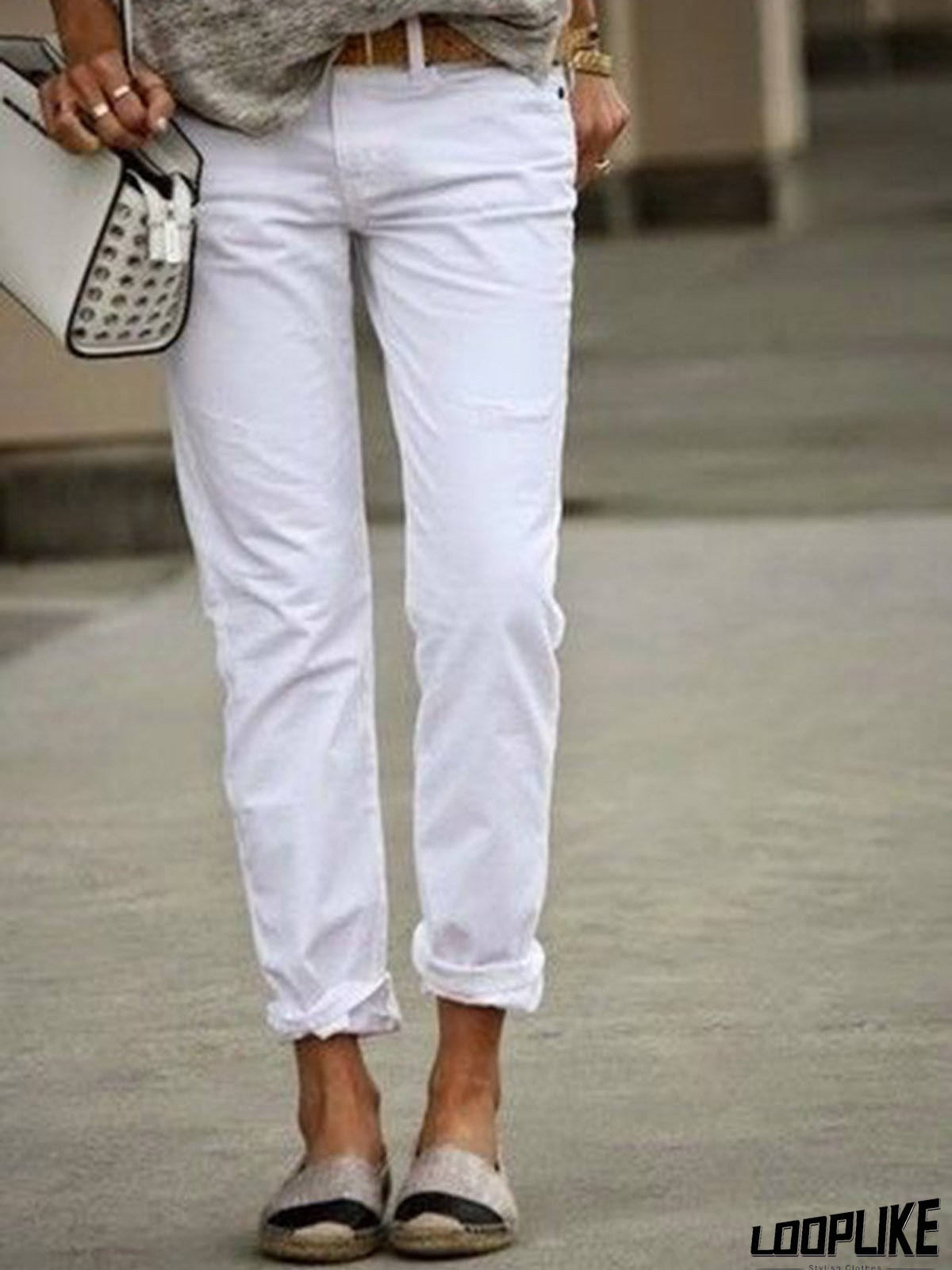 zolucky White Casual Cotton-Blend Fashion Solid Pants