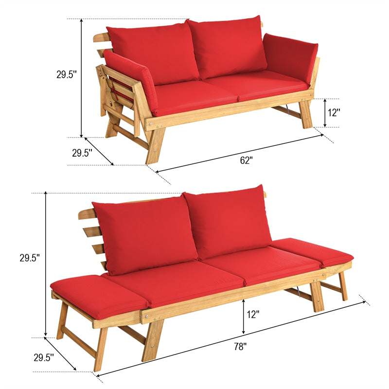 Outdoor Daybed Acacia Wood Convertible Couch Sofa Bed with Adjustable Armrest & Cushion