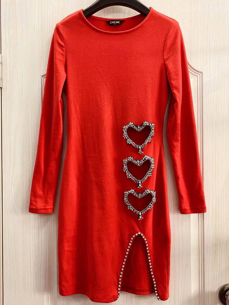 Hollow Heart Rhinestone Slit Bodycon Dress