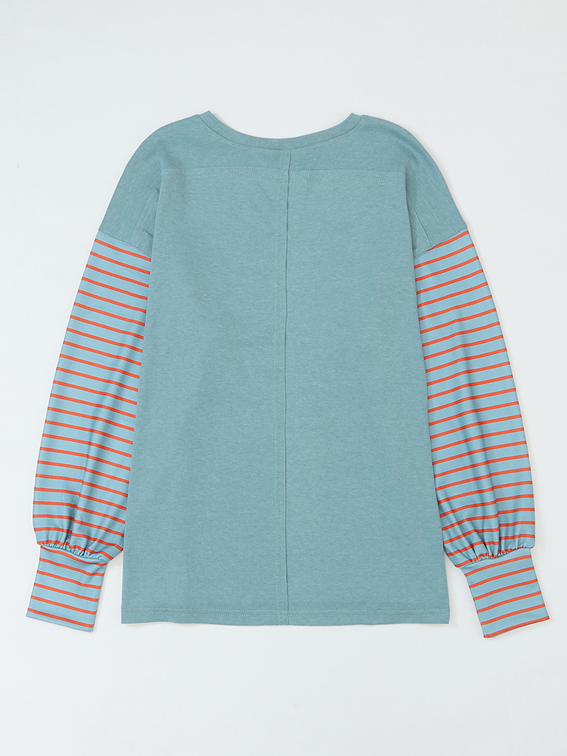 Green Colorblock Striped Bishop Sleeve Top