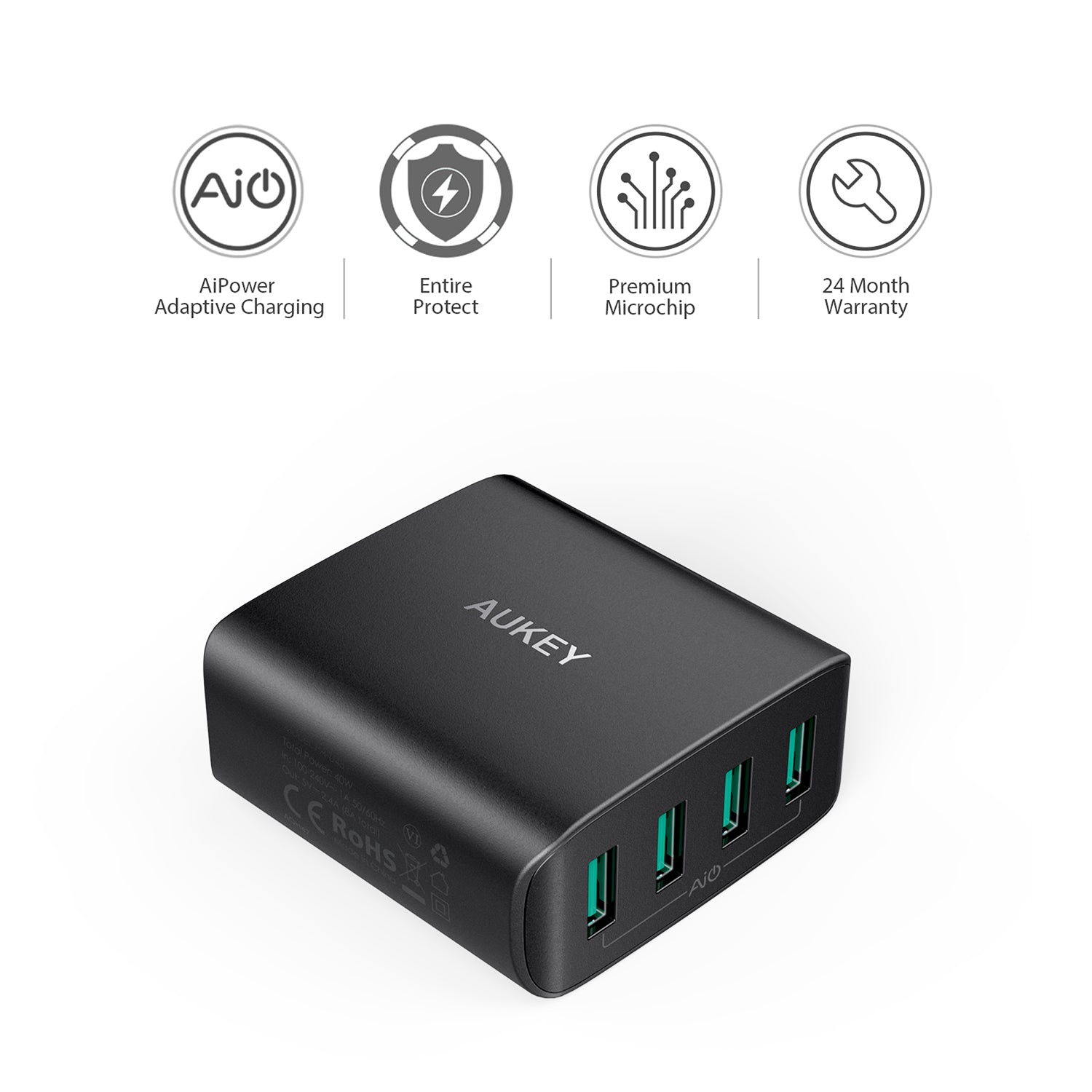 AUKEY USB Wall Charger 4 Ports with Foldable Plug