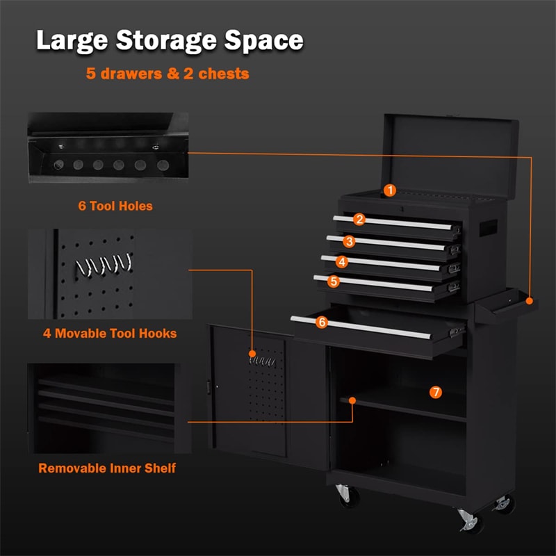 5-Drawer Rolling Tool Chest High Capacity Tool Storage Cabinet Toolbox Organizer with Wheels and Locking System