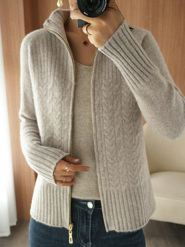 Women Wool/Knitting Plain Long Sleeve Comfy Casual Zipper Cardigan