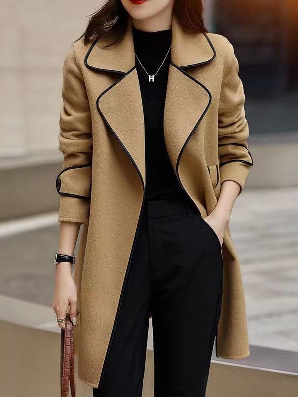 Lapel Collar Long Sleeve Plain Heavyweight Loose Coat For Women