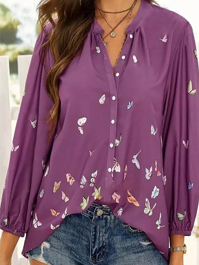 Colorful Butterfly Print Chiffon Long Sleeve Shirt