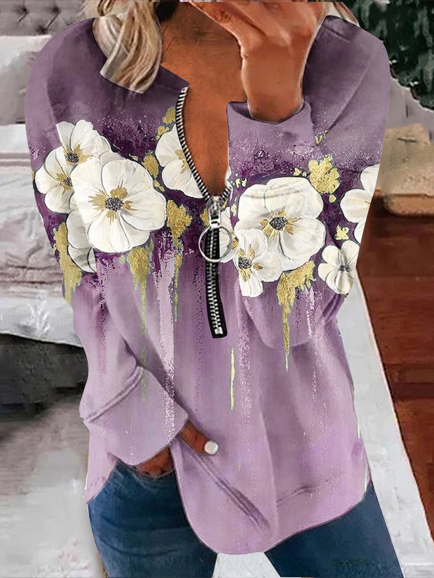 Casual V Neck Floral Sweatshirt