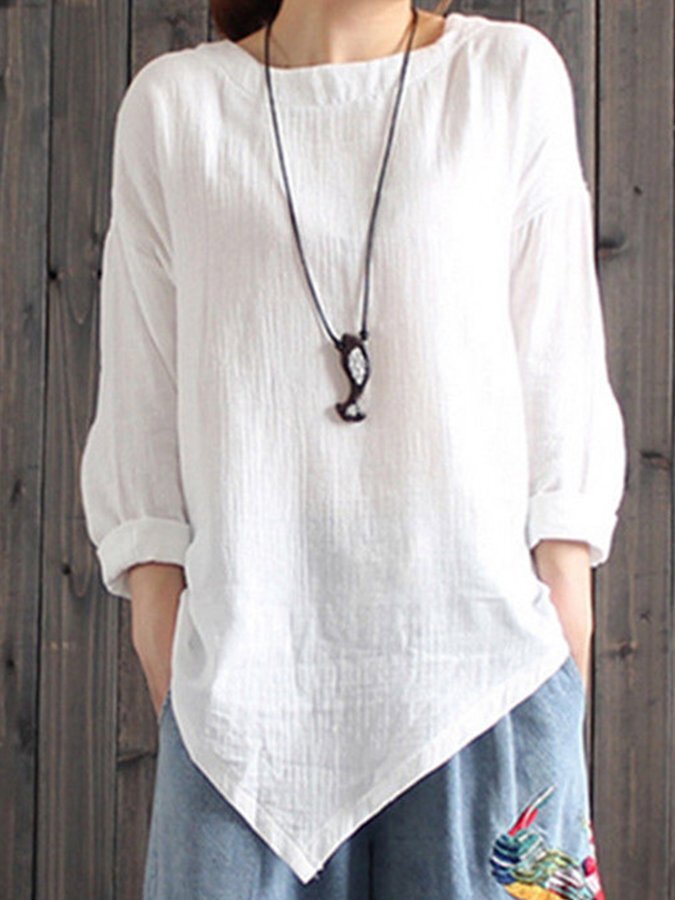 Ladies Cotton Linen Irregular Hem Shirt