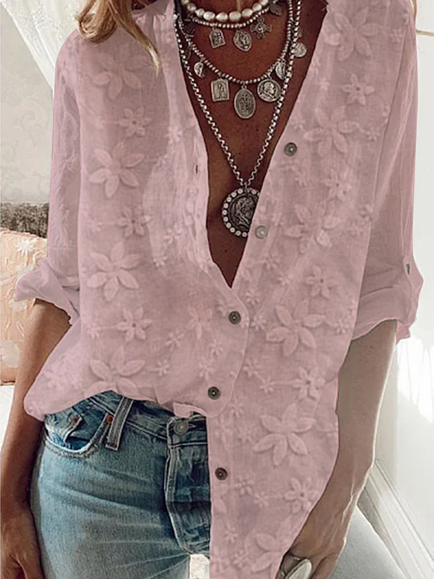 Women's Lace Stitching Cotton Linen Long Sleeve Shirt